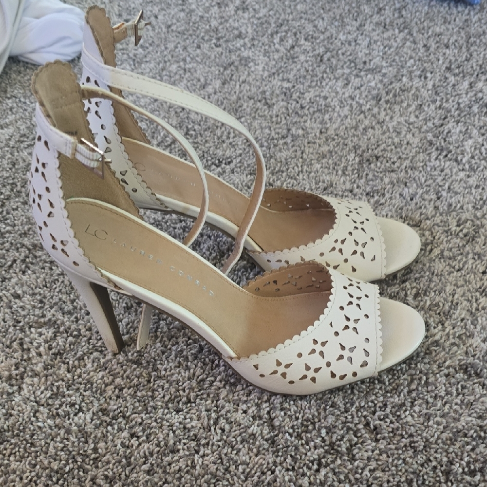 LC Lauren Conrad White Laser-Cut Ankle-Strap Heels